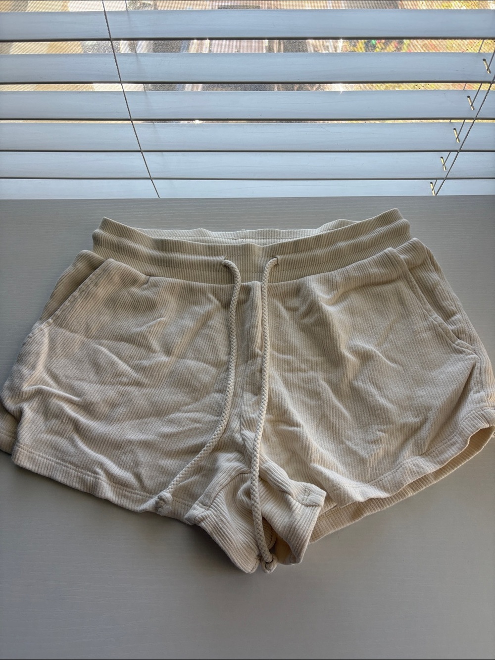 Forever 21 Cream Ribbed Drawstring Athletic Shorts